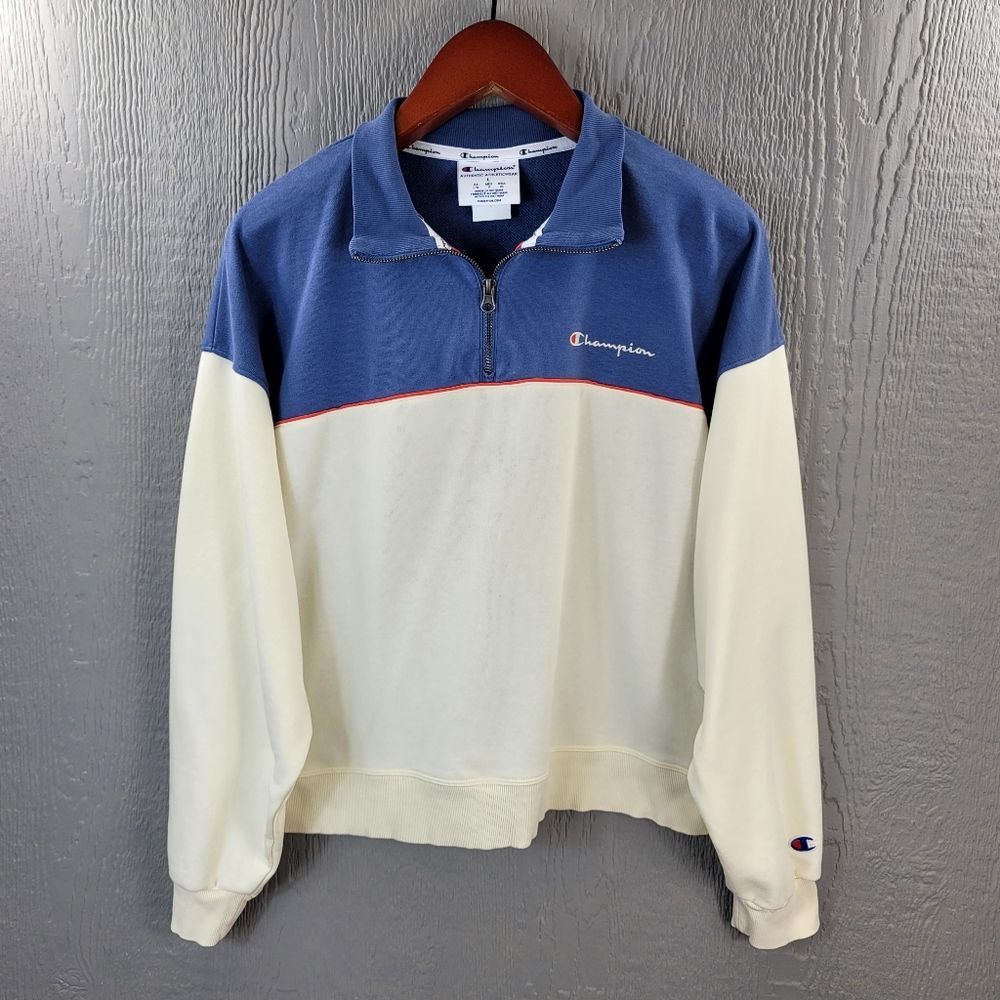 Champion sweatshirt pullover shirt top blue white cotton athletic Womens Large